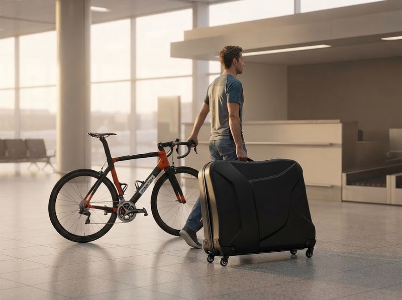 Rider walking a packed Looma Motion case through an airport terminal