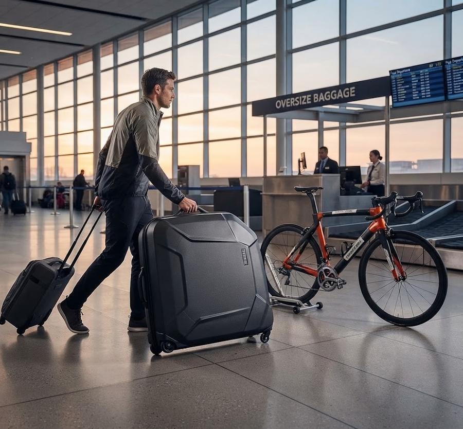 Looma Motion case: rolling the packed case through the terminal toward check-in